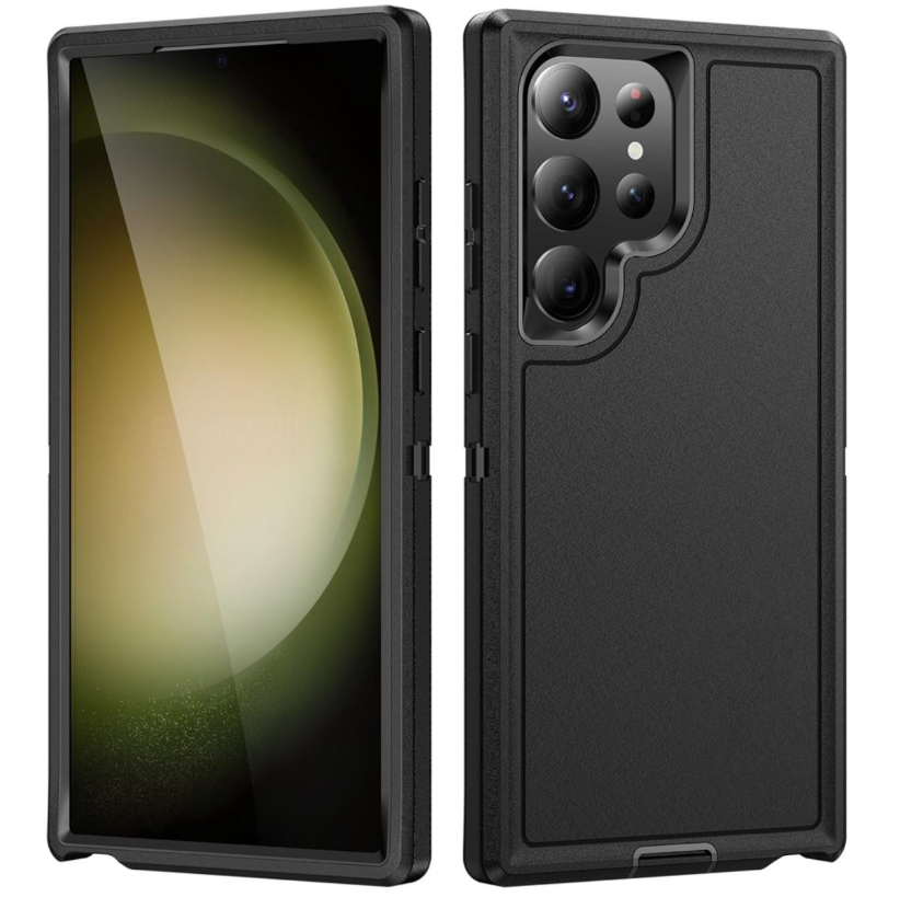 A black protective smartphone case shown from the front and back on a clean white background. The phone inside the case displays a dark wallpaper with a large pale yellow-green circle.