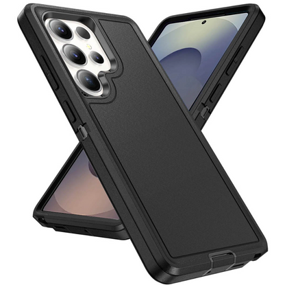 A black protective phone case shown from multiple angles on a clean white background, with a smartphone visible inside the case.