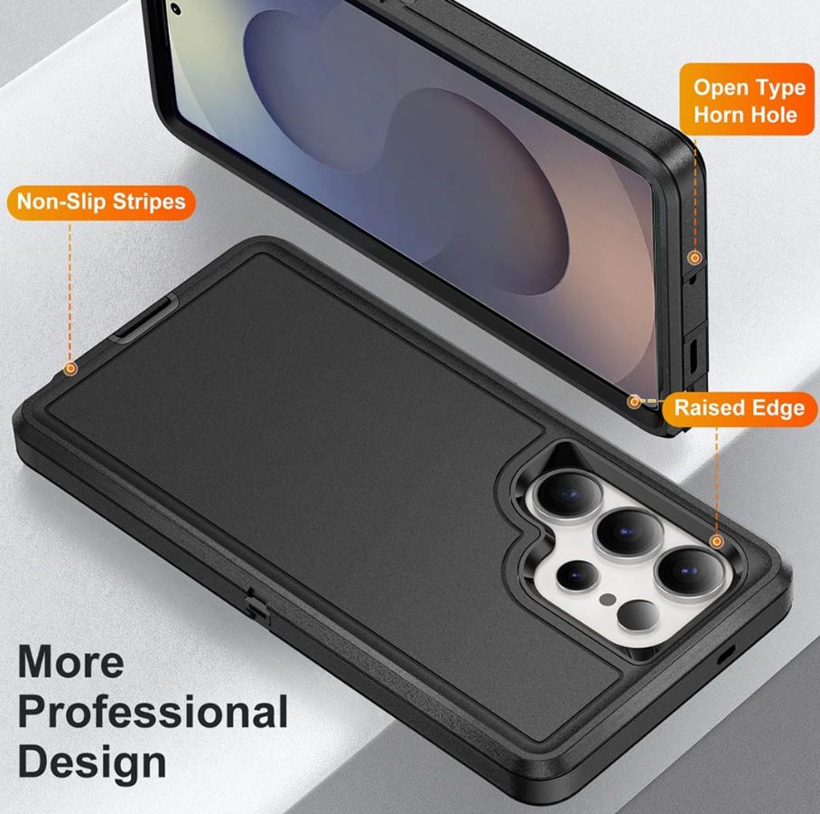 Black protective phone case shown from two angles on a light gray background, with callout labels pointing to non-slip stripes, open type horn hole, raised edge, and more professional design.