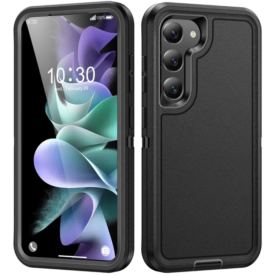 A black protective smartphone case shown from both front and back angles on a plain white background. The front view shows a phone inside the case with the screen on, and the back view shows the rear camera cutout and textured back panel.
