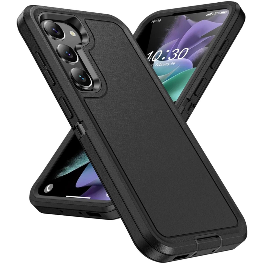 Black rugged dual-layer phone case with a built-in kickstand, shown from multiple angles on a white background.