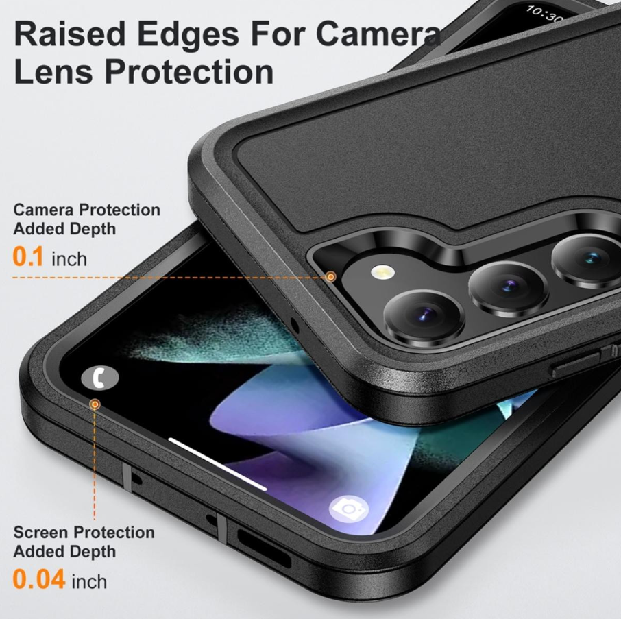 Black rugged phone case with raised camera and screen protection, shown layered over a smartphone on a light gray background with callout text explaining the added depth.