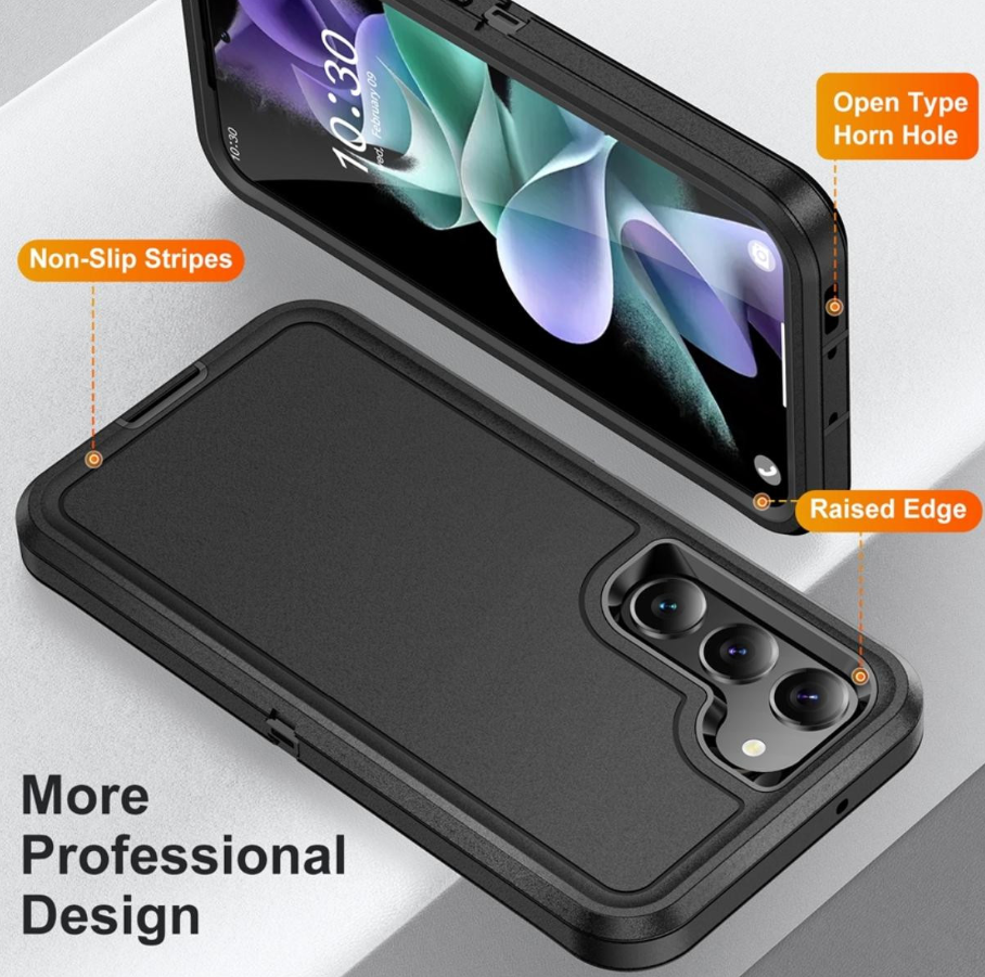 Black protective phone case shown from front and back on a light gray background, with callout labels pointing to non-slip stripes, open type horn hole, raised edge, and more professional design.
