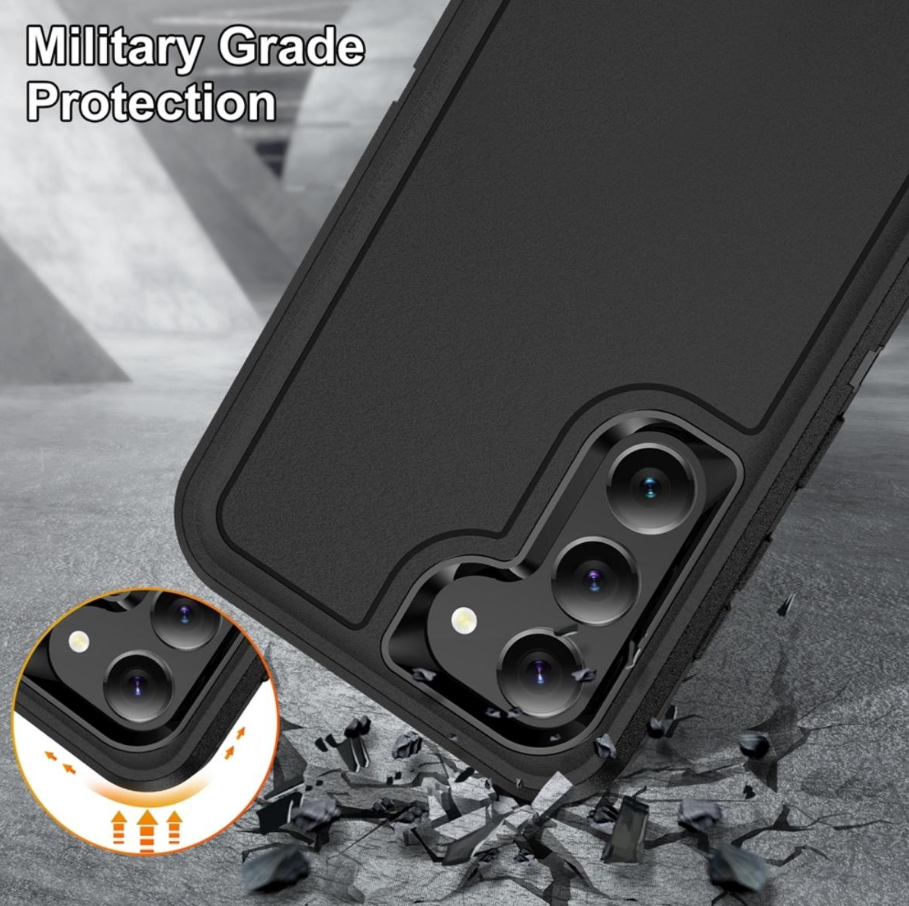 Black rugged phone case with a reinforced camera cutout, shown at an angle on a cracked concrete surface with debris. Text in the top left reads 'Military Grade Protection,' and a circular inset highlights the camera protection detail.