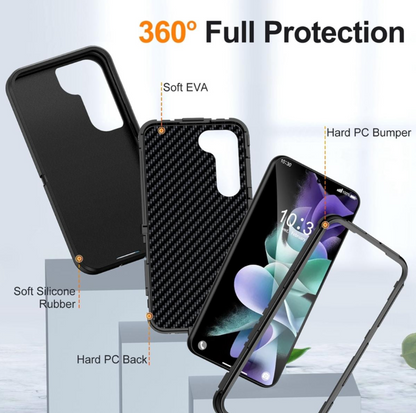 Black phone case set with labeled callouts for Soft EVA, Hard PC Bumper, and Soft Silicone Rubber, shown in three angles with a smartphone inserted. Text at the top reads '360° Full Protection' on a clean light gray background.