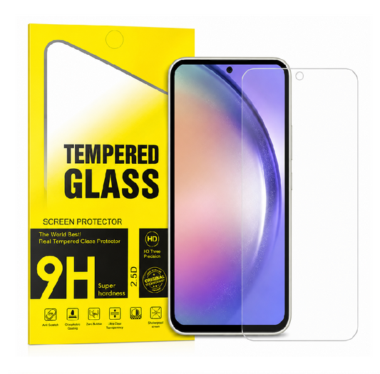 A clear tempered glass screen protector shown partially covering a smartphone, next to its bright yellow retail packaging labeled 'TEMPERED GLASS' and '9H'.
