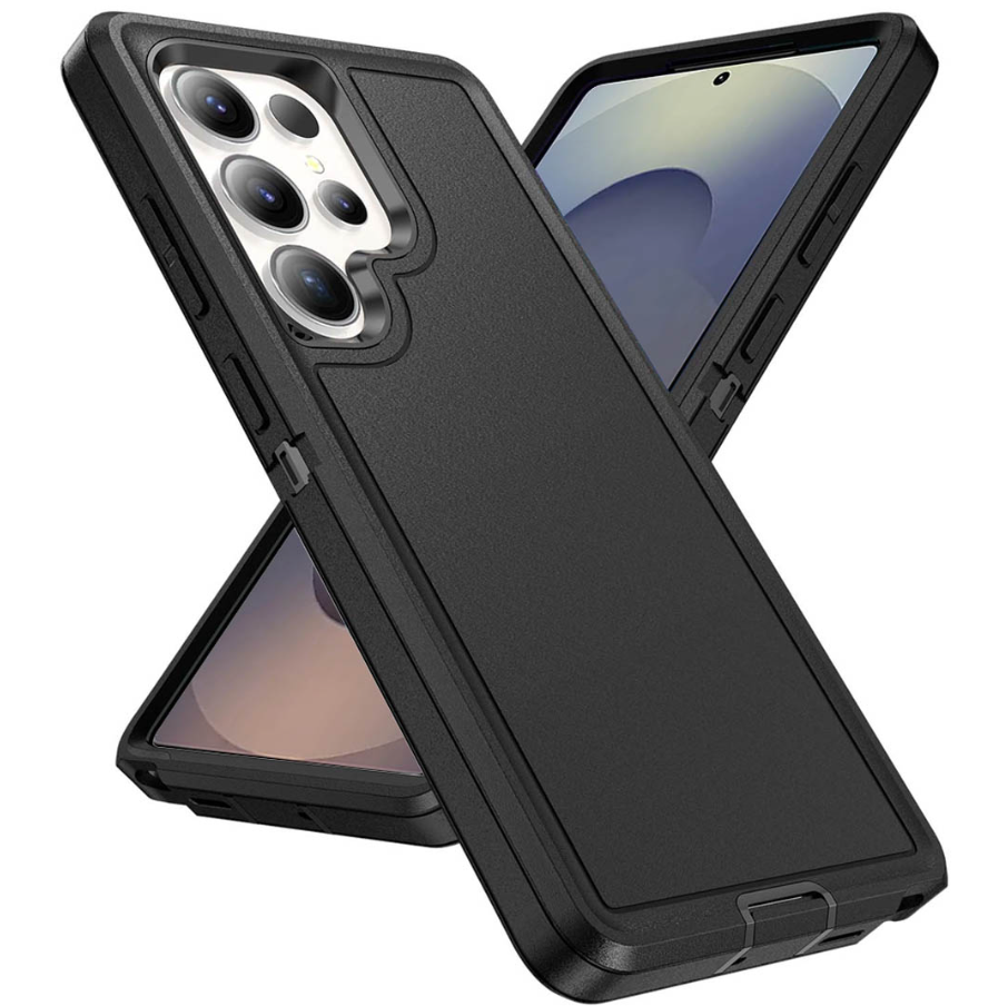 A black protective phone case shown from multiple angles on a clean white background, with a smartphone visible inside the case.