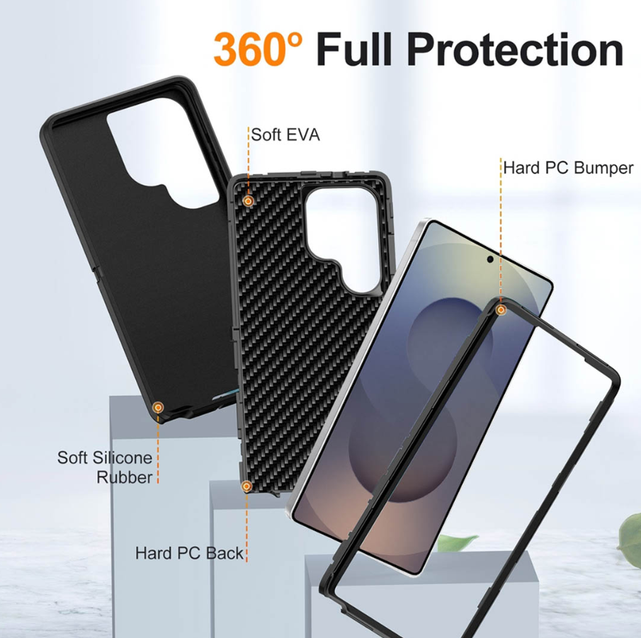 Three views of a black protective smartphone case with labeled callouts for Soft EVA, Hard PC Bumper, and Soft Silicone Rubber, shown on a clean light gray background with marketing text reading '360° Full Protection'.