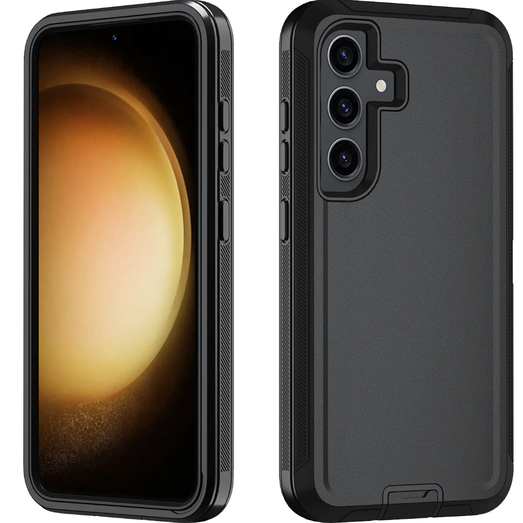 A black rugged protective phone case shown from both the front and back angles, displayed on a smartphone with a glowing orange wallpaper against a clean white background.