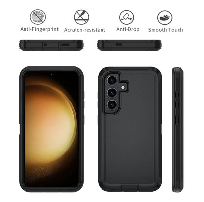 Black rugged phone case shown from multiple angles on a white background, with feature icons above reading Anti-Fingerprint, Scratch-resistant, Anti-Drop, and Smooth Touch.