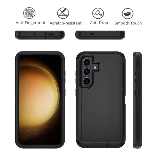 Black rugged phone case shown from multiple angles on a white background, with feature icons above reading Anti-Fingerprint, Scratch-resistant, Anti-Drop, and Smooth Touch.