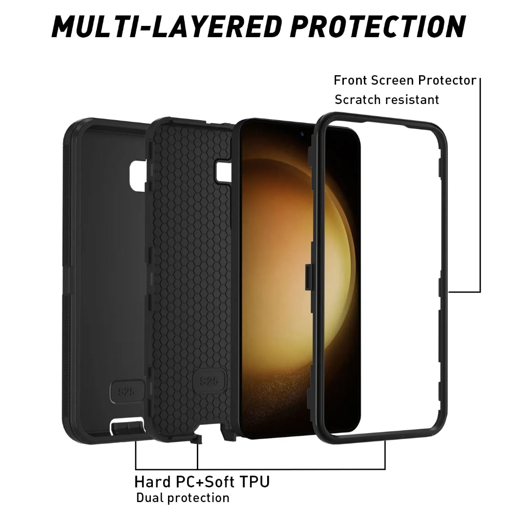 Black multi-layered phone case shown on a white background with explanatory text and callout lines. The image highlights a front screen protector, scratch resistance, and dual protection from hard PC and soft TPU.