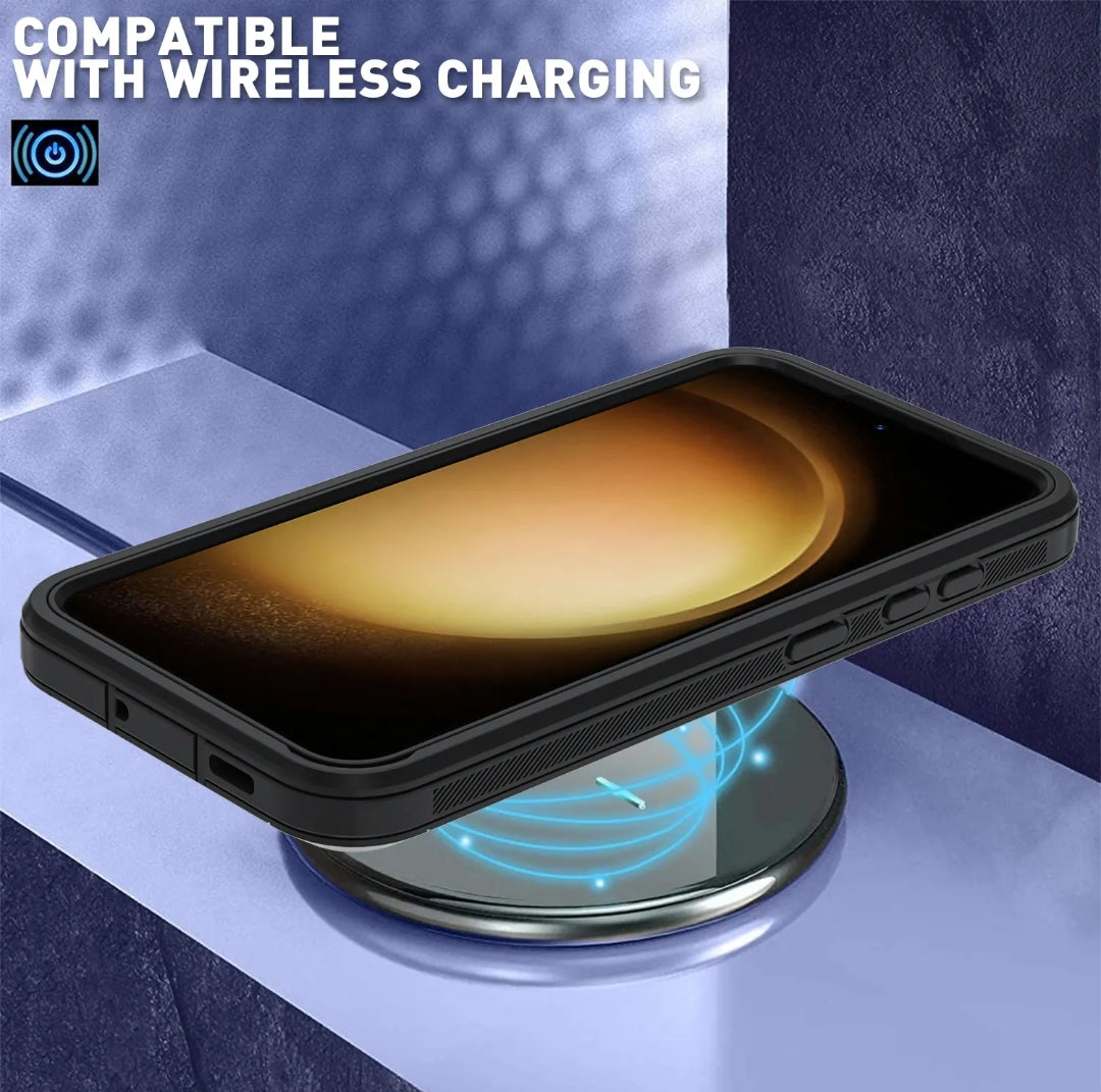 A black protective smartphone case shown resting on a reflective charging pad with blue wireless charging graphics. The phone inside the case is turned off, displaying a dark screen.