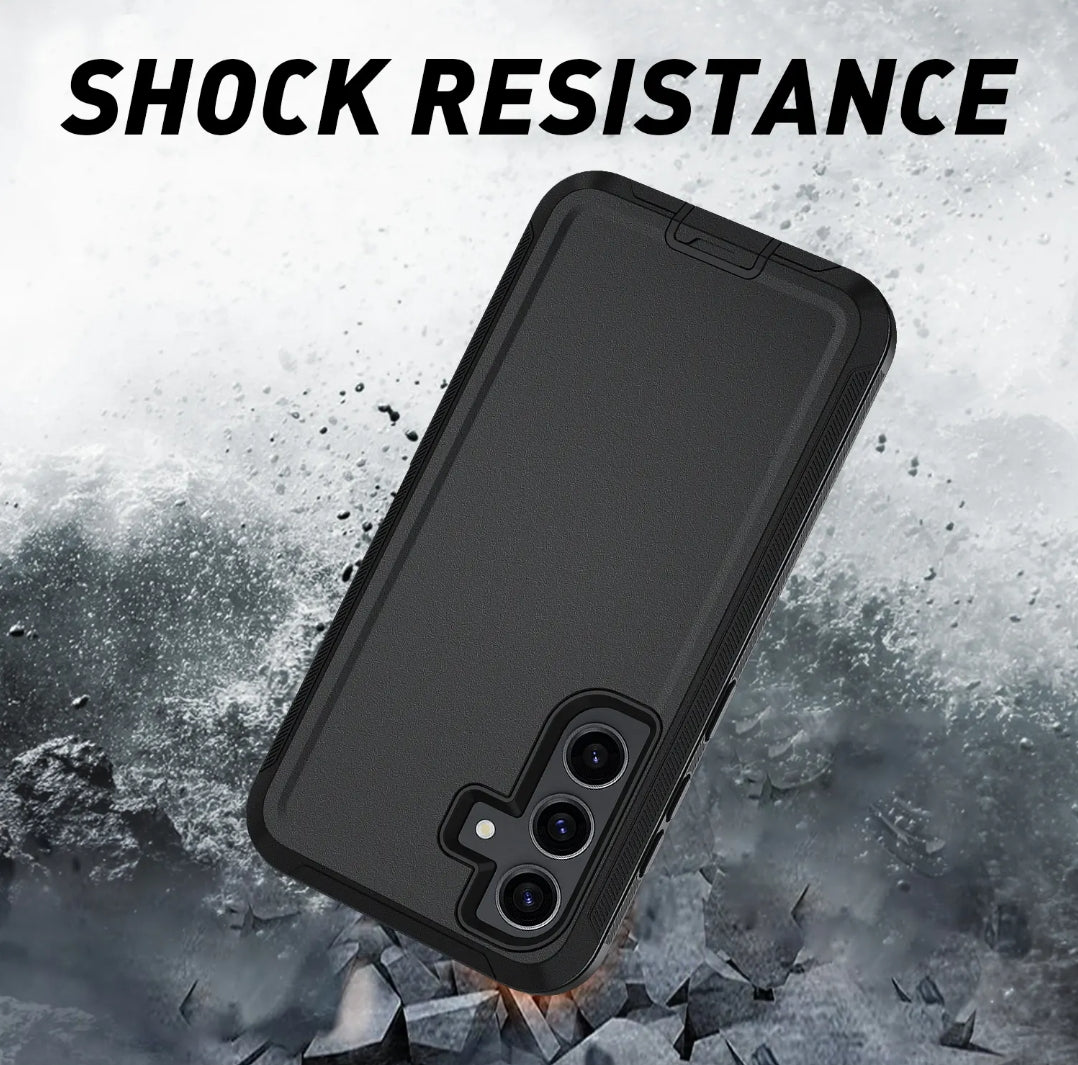 A black rugged phone case shown at an angle over a smoky, rocky background with the text 'SHOCK RESISTANCE' at the top. The case appears to be a protective smartphone case with a camera cutout.