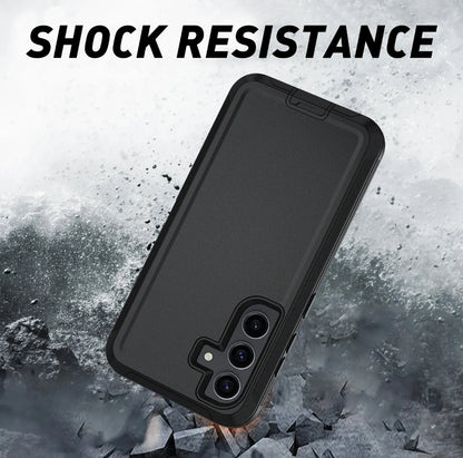 A black rugged phone case shown at an angle over a smoky, rocky background with the text 'SHOCK RESISTANCE' at the top. The case appears to be a protective smartphone case with a camera cutout.