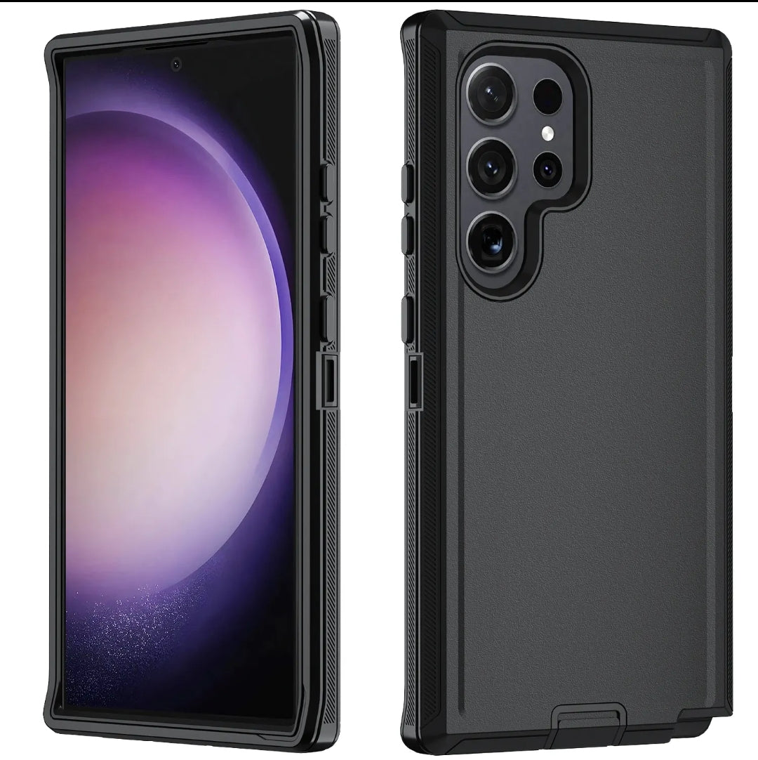 A black protective smartphone case shown from both front and back angles, displayed on a clean white background.