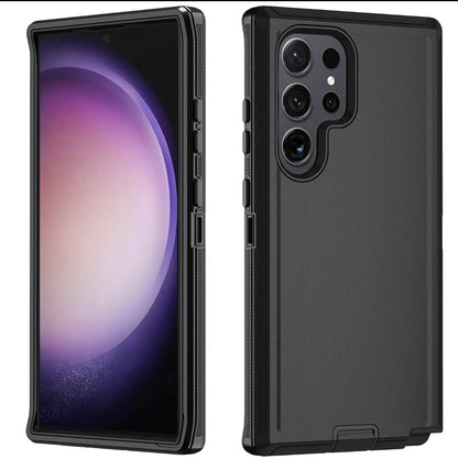 A black protective smartphone case shown from both front and back angles, displayed on a clean white background.