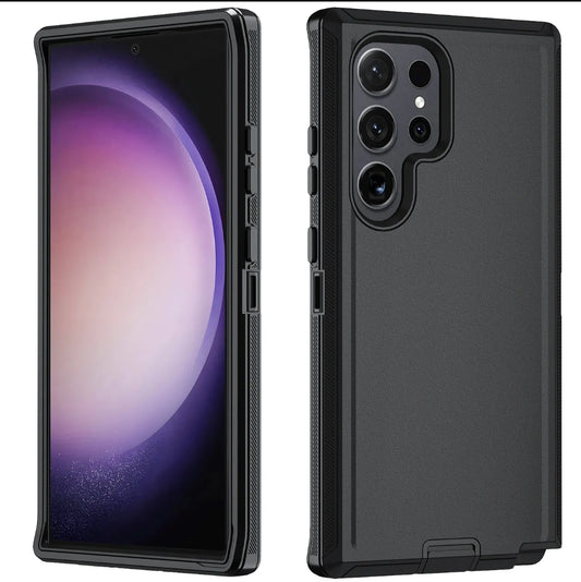 A black protective smartphone case shown from both front and back angles, displayed on a clean white background.