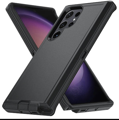 A black rugged protective phone case shown on a smartphone, with two overlapping views of the same case against a plain white background.