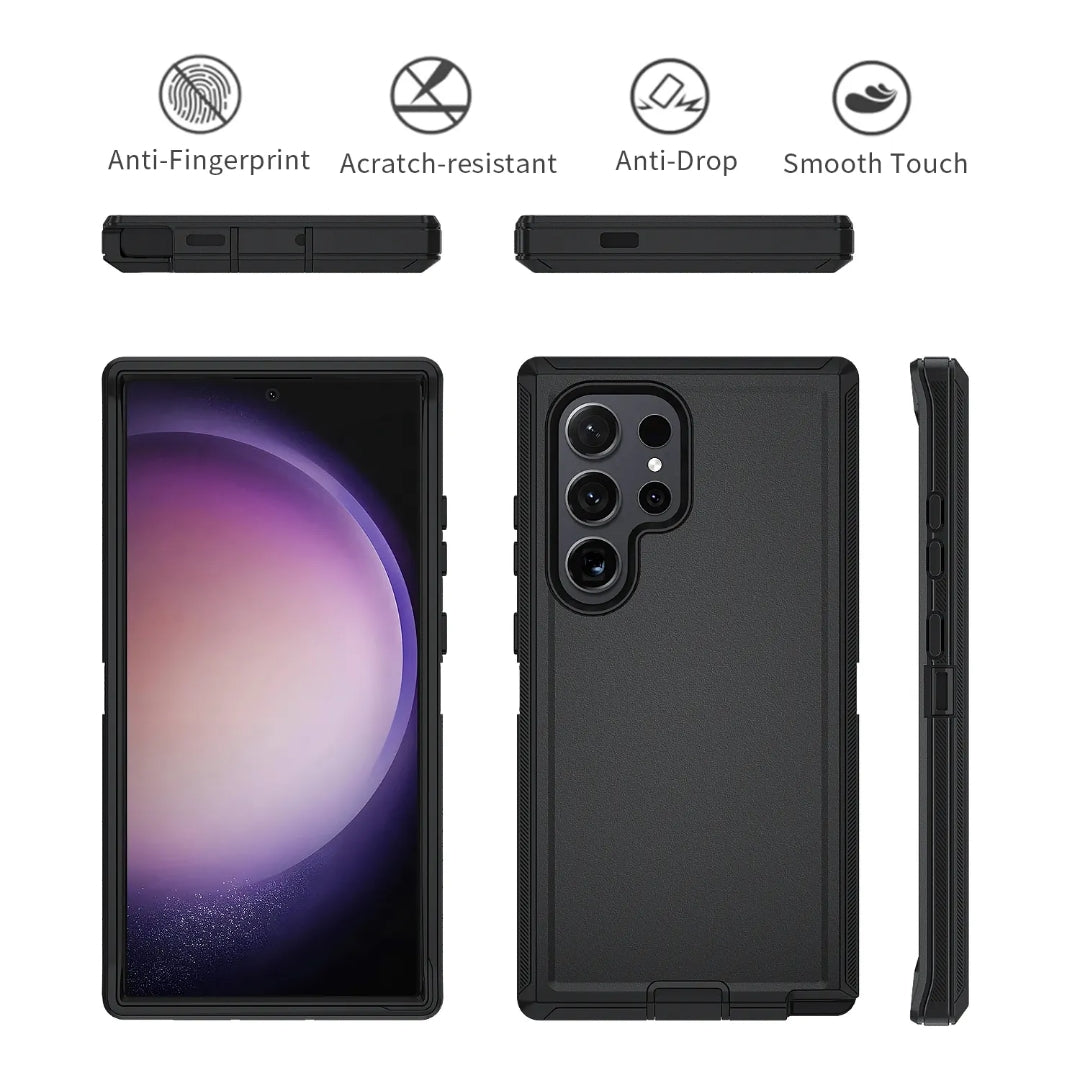 Black rugged smartphone case shown from front, back, and side views on a white background, with feature icons above reading Anti-Fingerprint, Scratch-resistant, Anti-Drop, and Smooth Touch.