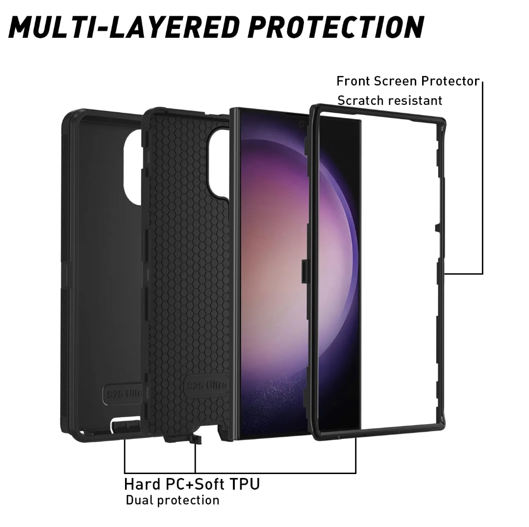 Black multi-layered phone case with screen protector shown on a white background, labeled with callouts for front screen protector scratch resistance and hard PC+soft TPU dual protection.