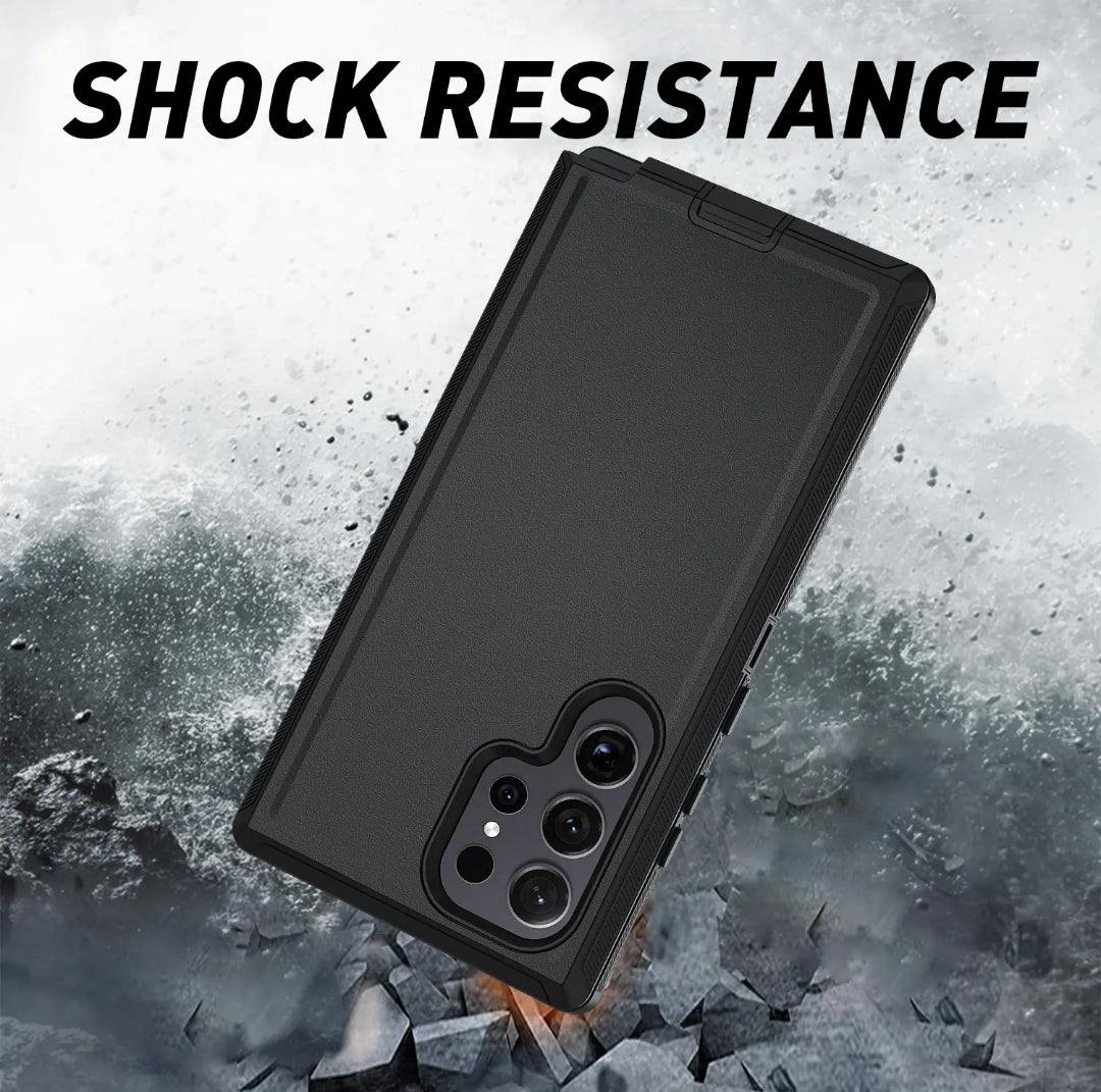 A black rugged phone case shown at an angle over a smoky, debris-filled background with the text 'SHOCK RESISTANCE' at the top. No person or animal is present, so this is Product/Packaging rather than Lifestyle, even though the background is stylized and promotional.