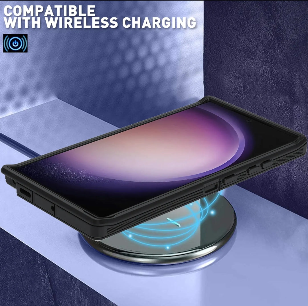 A black smartphone case shown on a phone resting on a circular wireless charging pad, with blue charging-field graphics and the text 'COMPATIBLE WITH WIRELESS CHARGING' in the upper left.