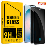 Two tempered glass screen protectors shown in front of their bright yellow retail packaging, with a red '2 Pack' badge in the top right corner. The screen protectors are black with a blue circular logo near the bottom.