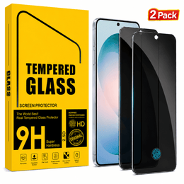 Two tempered glass screen protectors shown in front of their bright yellow retail packaging, with a red '2 Pack' badge in the top right corner. The screen protectors are black with a blue circular logo near the bottom.