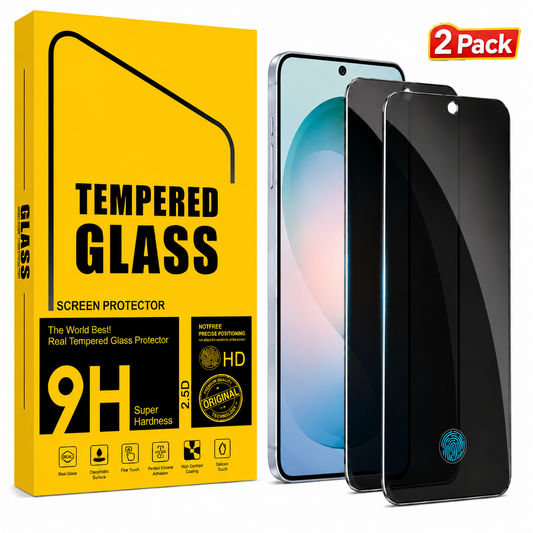Two tempered glass screen protectors shown in front of their bright yellow retail packaging, with a red '2 Pack' badge in the top right corner. The screen protectors are black with a blue circular logo near the bottom.