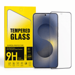 A tempered glass screen protector shown next to its bright yellow retail packaging, with a smartphone displayed behind the protector to demonstrate fit and clarity.