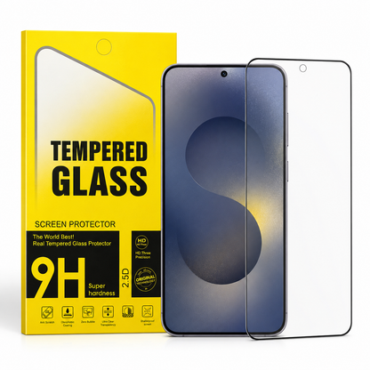 A tempered glass screen protector shown next to its bright yellow retail packaging, with a smartphone displayed behind the protector to demonstrate fit and clarity.