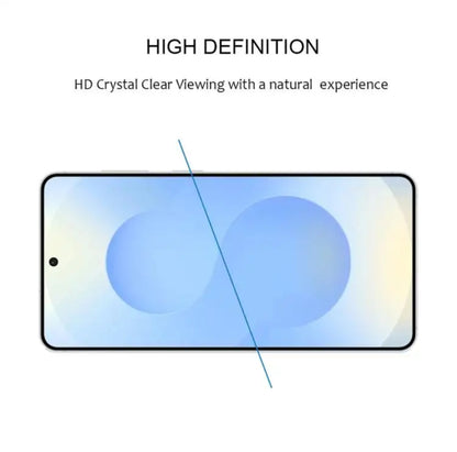 A smartphone shown from the front on a white background with marketing text above reading 'HIGH DEFINITION' and 'HD Crystal Clear Viewing with a natural experience.' The screen displays a blue abstract wallpaper, and a thin blue diagonal line crosses the center to suggest clarity or edge-to-edge display quality.