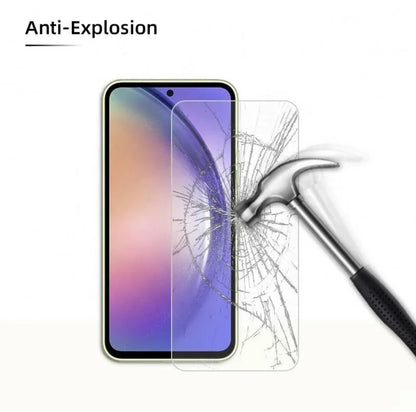Anti-explosion tempered glass screen protector shown over a smartphone, with a hammer striking through the glass to demonstrate shatter resistance.