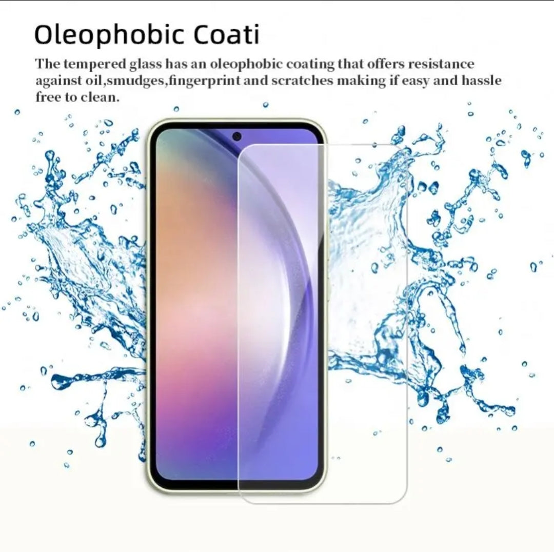 A smartphone shown with a transparent screen protector overlay, accompanied by text reading 'Oleophobic Coati' and a water splash graphic to illustrate resistance to oil, smudges, fingerprints, and scratches.