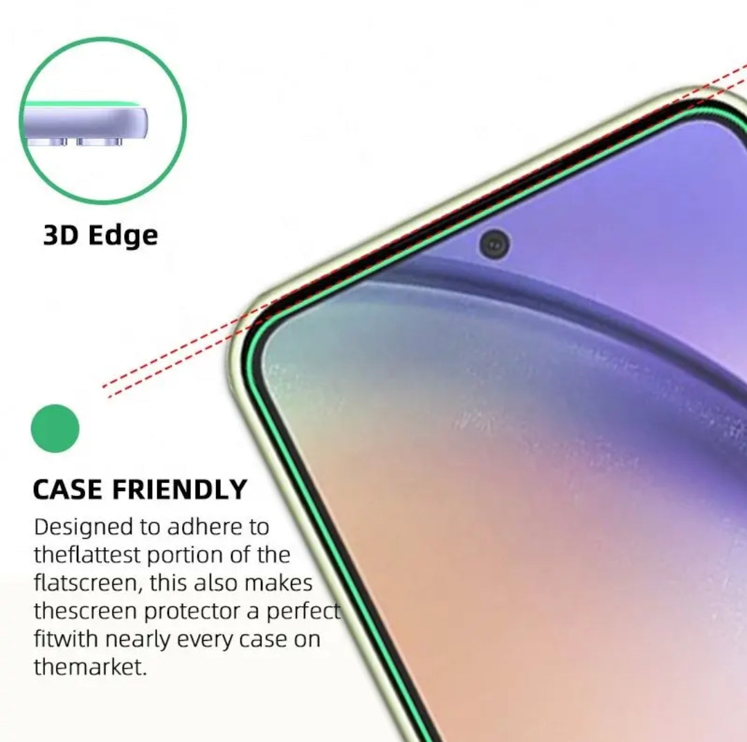 Close-up of a smartphone corner with a screen protector shown along the edge, plus callout text reading '3D Edge' and 'CASE FRIENDLY' with a note about fitting nearly every case. The image is a clean product marketing graphic on a white background.