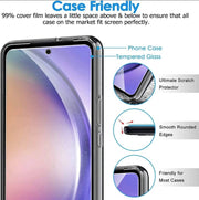 A smartphone case shown on a phone mockup with marketing text and callout circles explaining compatibility, scratch protection, rounded edges, and fit for most cases.