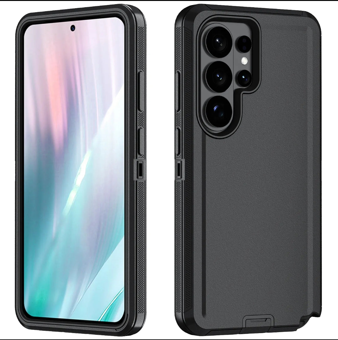 A black protective smartphone case shown from both front and back angles on a plain white background. The front view shows the phone inside with a colorful display, and the back view shows the matte black case with a raised camera cutout.