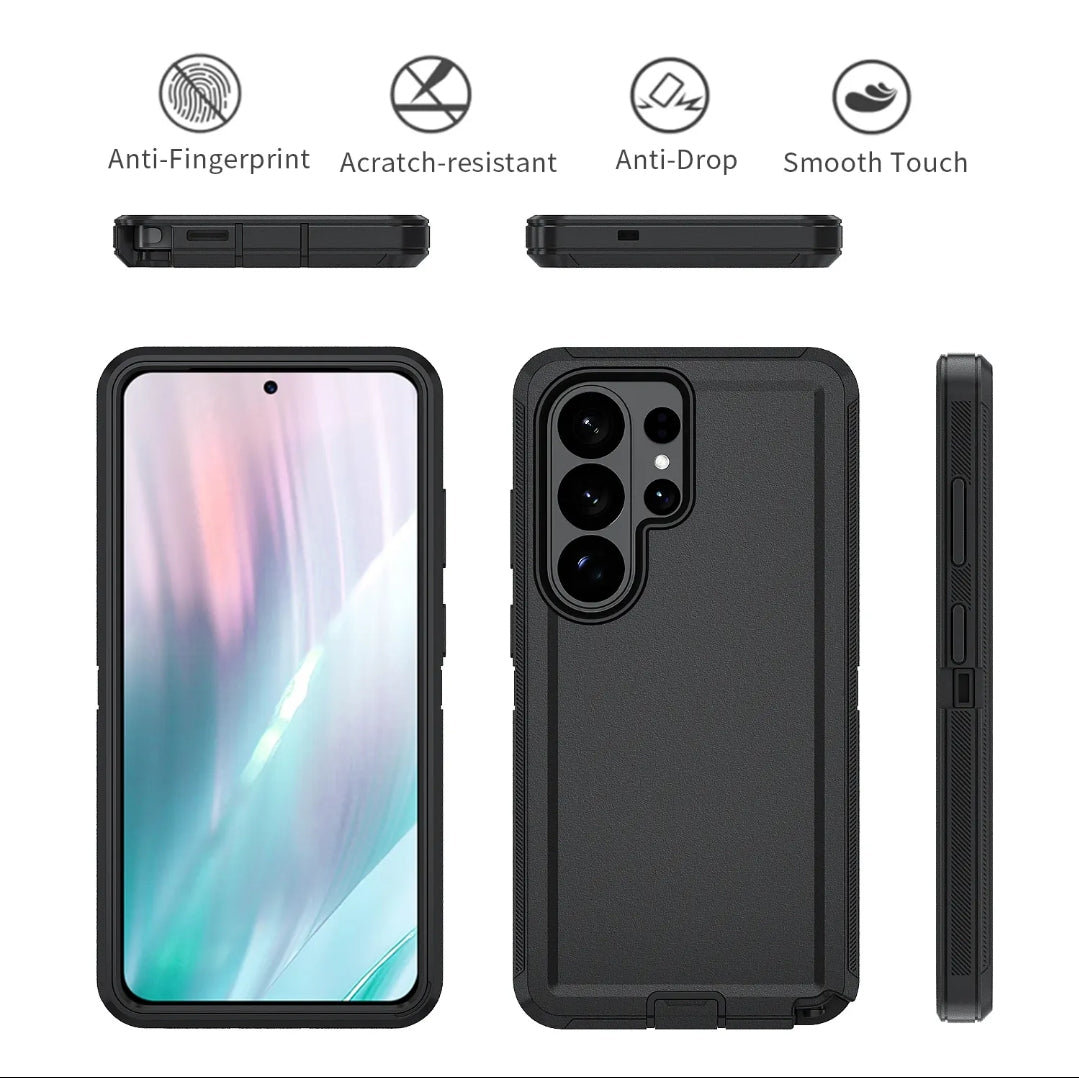 Black protective phone case shown from multiple angles on a white background, with feature icons above reading Anti-Fingerprint, Scratch-resistant, Anti-Drop, and Smooth Touch.