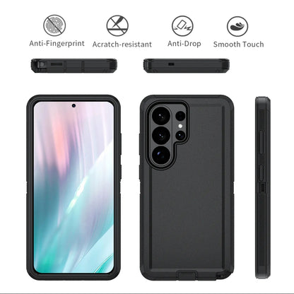 Black protective phone case shown from multiple angles on a white background, with feature icons above reading Anti-Fingerprint, Scratch-resistant, Anti-Drop, and Smooth Touch.