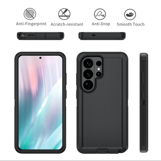 Black protective phone case shown from multiple angles on a white background, with feature icons above reading Anti-Fingerprint, Scratch-resistant, Anti-Drop, and Smooth Touch.