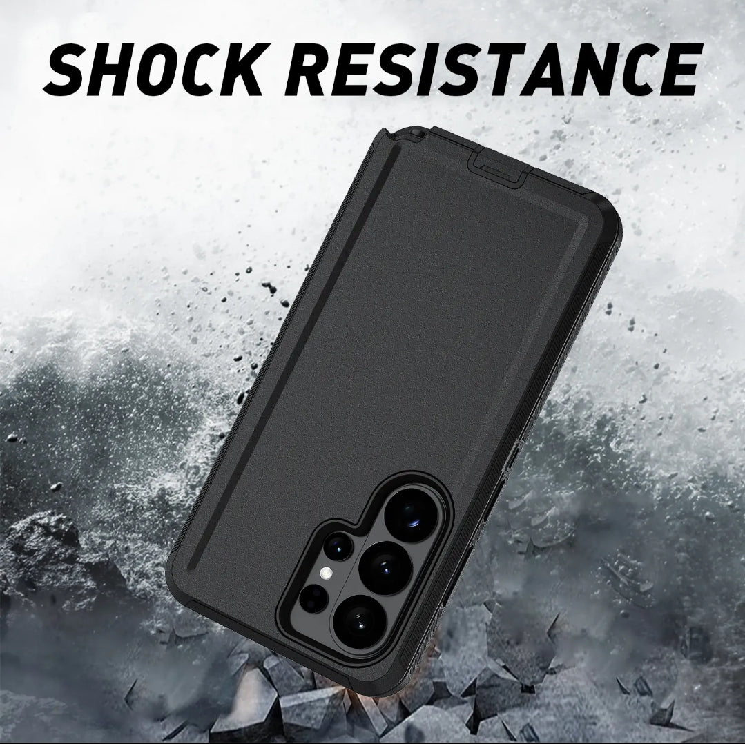 A black rugged phone case shown at an angle over a smoky, cracked stone background, with the text 'SHOCK RESISTANCE' across the top. No person or real environment is present in a lifestyle sense; this is a styled promotional product shot, so subject_type is Product/Packaging.