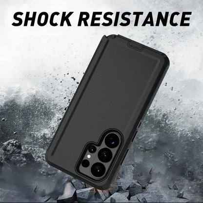 A black rugged phone case shown at an angle over a smoky, cracked stone background, with the text 'SHOCK RESISTANCE' across the top. No person or real environment is present in a lifestyle sense; this is a styled promotional product shot, so subject_type is Product/Packaging.
