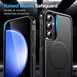 Black protective phone case with raised bezels and camera guard, shown from front and back angles on a dark studio background with promotional text.