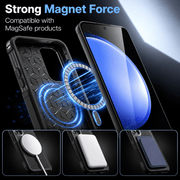 Black magnetic phone case with a textured honeycomb pattern, shown next to a smartphone displaying a blue screen. The image includes text reading 'Strong Magnet Force' and 'Compatible with MagSafe products,' plus three small inset images showing the case with a MagSafe ring, a white magnetic accessory, and a dark blue magnetic accessory.