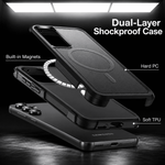 Black dual-layer shockproof phone case shown in an exploded view with labeled callouts for built-in magnets, hard PC, and soft TPU, on a dark studio background with text reading 'Dual-Layer Shockproof Case'.