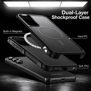 Black dual-layer shockproof phone case shown in an exploded view with labeled callouts for built-in magnets, hard PC, and soft TPU, on a dark studio background with text reading 'Dual-Layer Shockproof Case'.