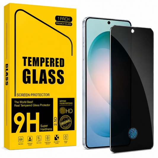 A pack of tempered glass screen protectors shown with their bright yellow retail box and two phone mockups on a white background. The box reads 'Tempered Glass Screen Protector' and '9H Super Hardness.