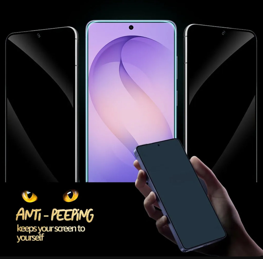 Anti-peeling screen protector shown on a smartphone, with a hand holding the phone to demonstrate that the screen remains dark and unshowing. The background features three phones with black bezels, and text at the bottom reads 'ANTI - PEERING keeps your screen to yourself' with cartoon eyes.