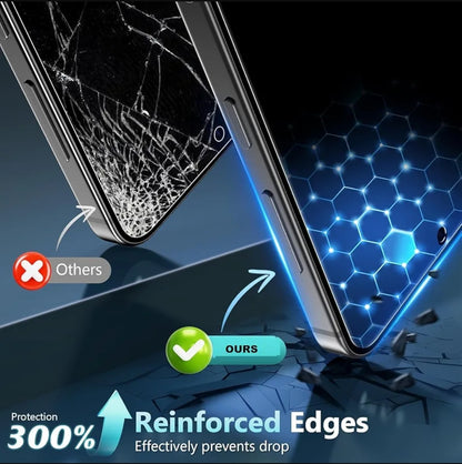 Promotional graphic for a smartphone drop-protection case, showing a cracked phone labeled 'Others' and a tougher phone with a blue glowing edge labeled 'OURS'. Text at the bottom reads 'Protection 300% Reinforced Edges Effectively prevents drop'.